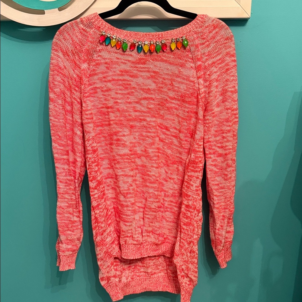 Romeo & Juliet Couture Coral Sweater with Colorful Beaded Neckline